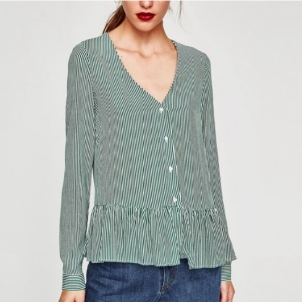 Zara Pinstripe Deep V-Neck Peplum Blouse Sz L